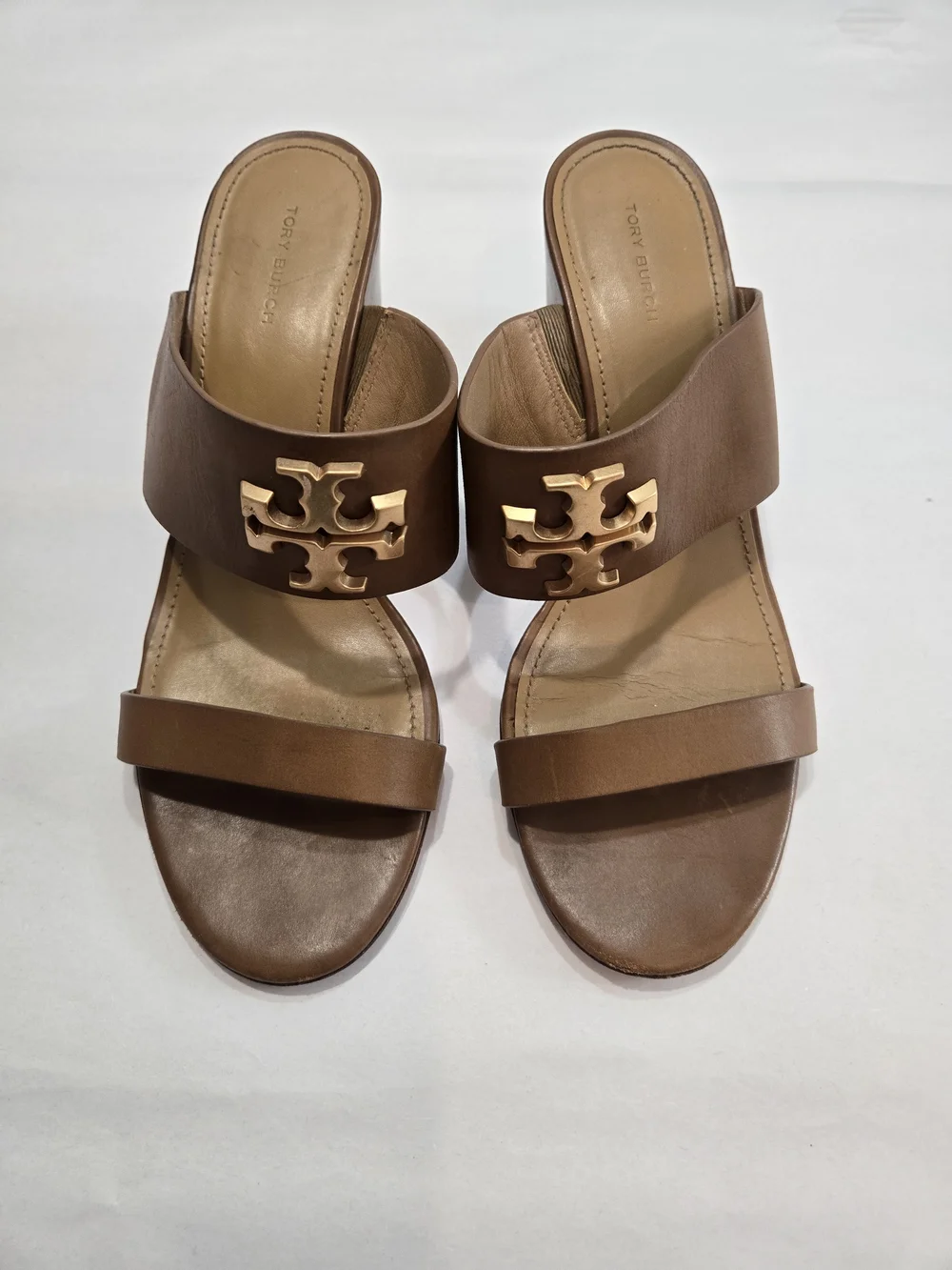 Tory Burch Everly Wedge Leather High Heel Brown Slide Sandals Sz 9 M Brown Gold